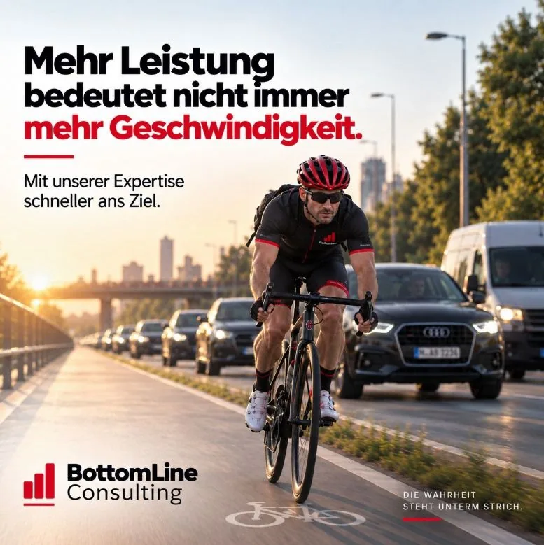 Rennradfahrer fährt an Autos vorbei. Mehr Leistung bedeutet nicht immer mehr Geschwindigkeit.