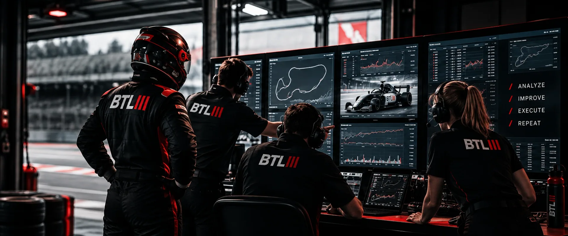 BottomLine Pit-Crew mit drei roten BTL-Balken analysiert gemeinsam Daten und Systeme an der Monitorwand.